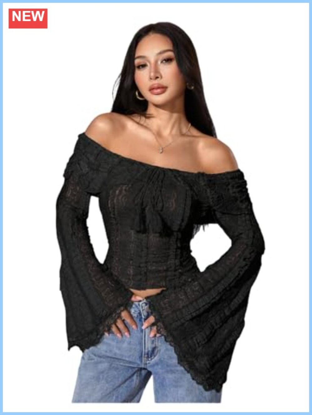 Women's Lace Off Shoulder Crop Top Ruffle Bell Sleeve Zip Up